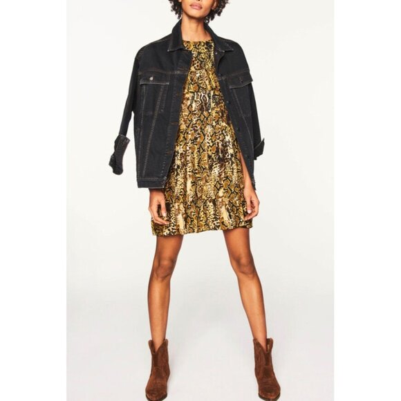 ba&sh Womens SYM Dress Ochre Snake Print Ruffle Swing Smocked Cuffs size 10 - Picture 16 of 16
